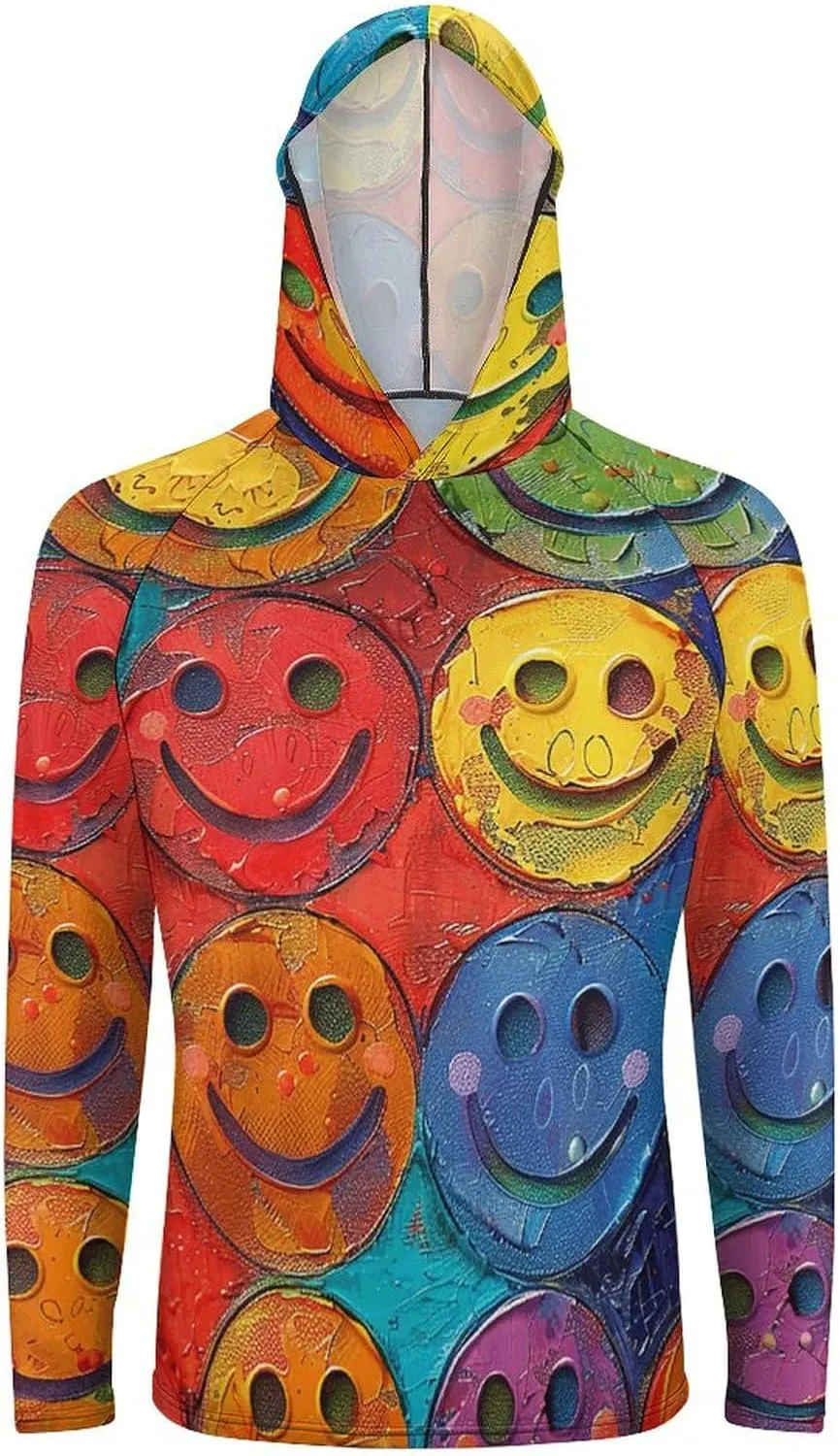 Men's UPF 50  Sun Protection Hoodie Outdoor UV Shirts Colorful Smiley Face Long Sleeve Quick Dry Fishing Hiking Shirt