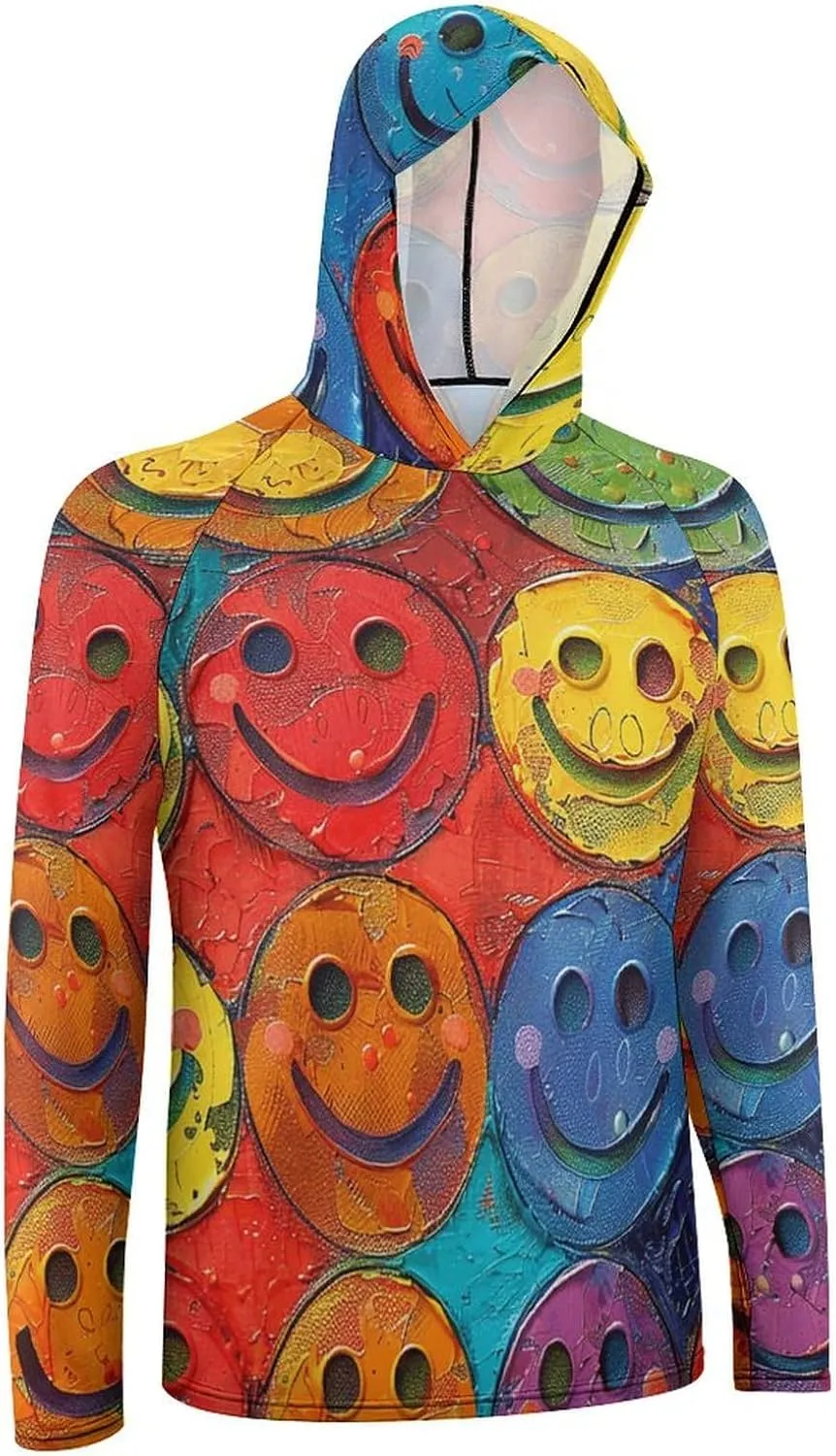Men's UPF 50  Sun Protection Hoodie Outdoor UV Shirts Colorful Smiley Face Long Sleeve Quick Dry Fishing Hiking Shirt