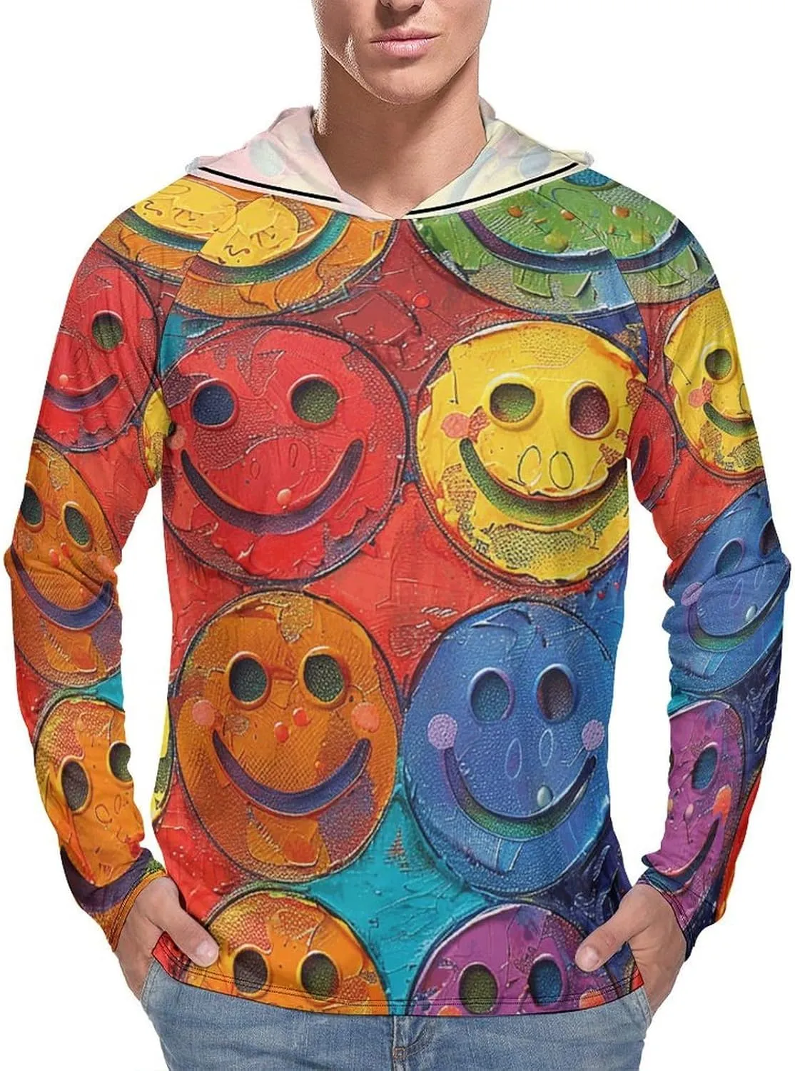 Men's UPF 50  Sun Protection Hoodie Outdoor UV Shirts Colorful Smiley Face Long Sleeve Quick Dry Fishing Hiking Shirt