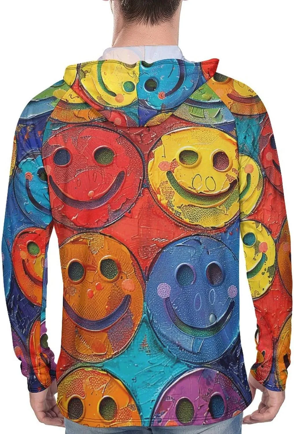 Men's UPF 50  Sun Protection Hoodie Outdoor UV Shirts Colorful Smiley Face Long Sleeve Quick Dry Fishing Hiking Shirt