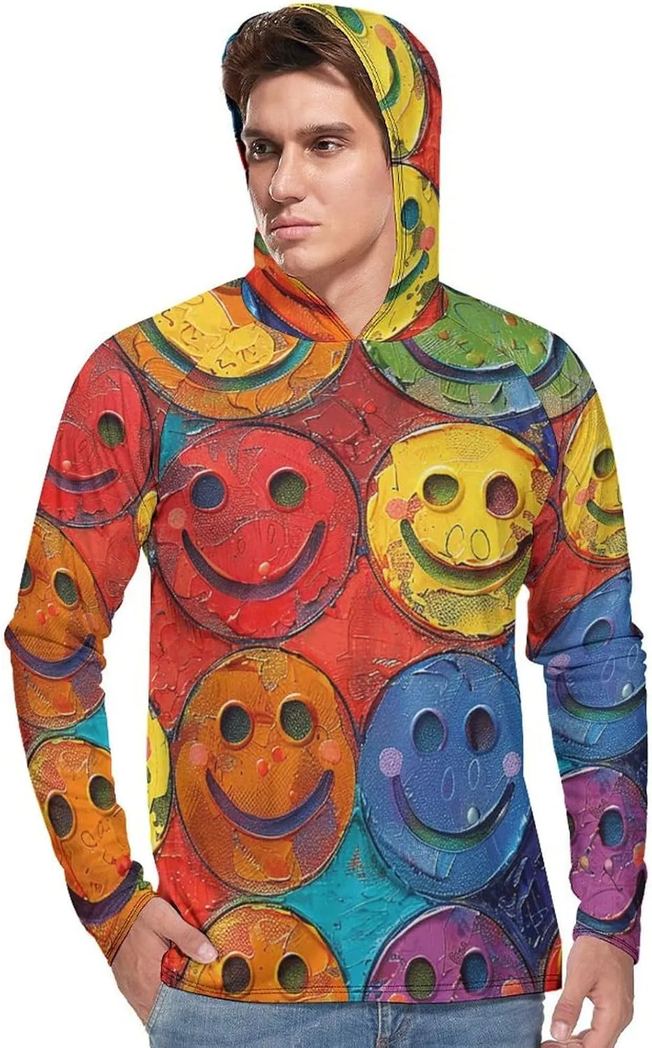 Men's UPF 50  Sun Protection Hoodie Outdoor UV Shirts Colorful Smiley Face Long Sleeve Quick Dry Fishing Hiking Shirt