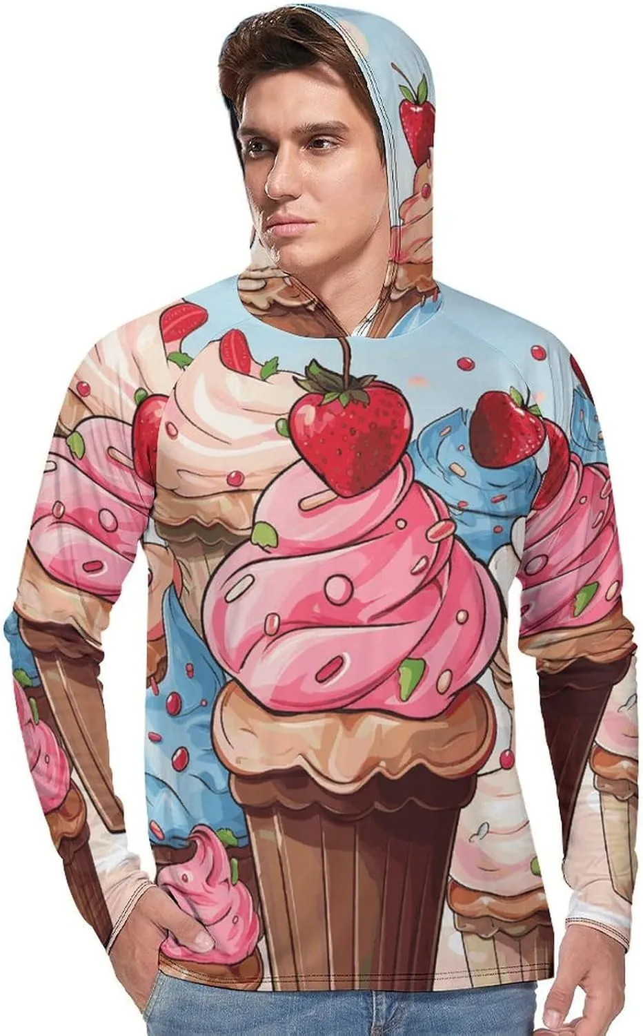 Men's UPF 50  Sun Protection Hoodie Outdoor UV Shirts Cupcakes and Ice Cream Long Sleeve Quick Dry Fishing Hiking Shirt
