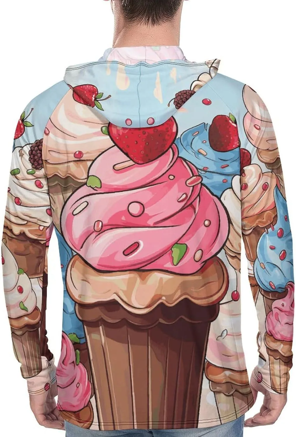 Men's UPF 50  Sun Protection Hoodie Outdoor UV Shirts Cupcakes and Ice Cream Long Sleeve Quick Dry Fishing Hiking Shirt