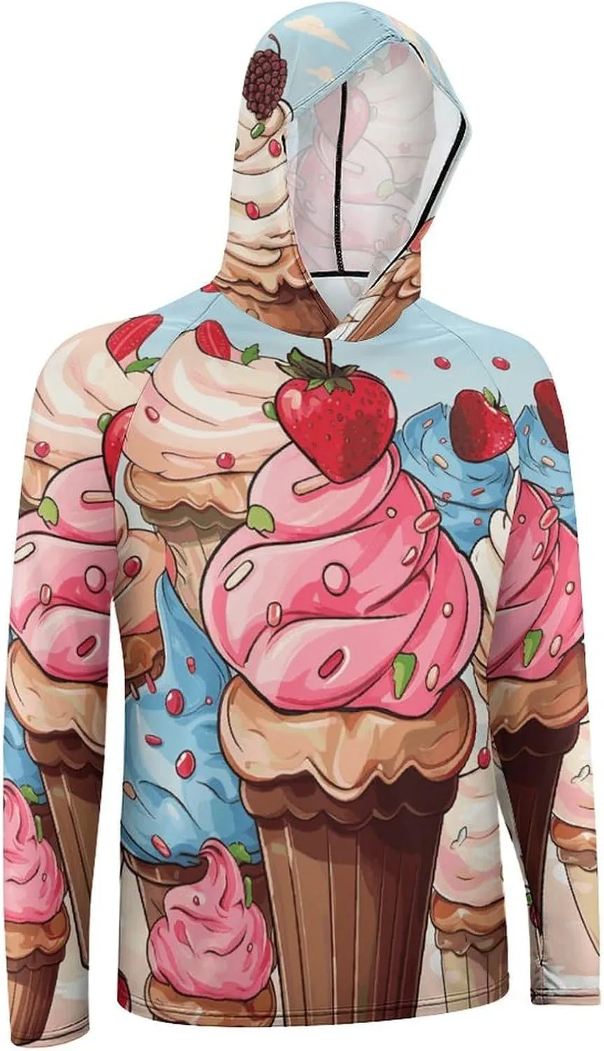 Men's UPF 50  Sun Protection Hoodie Outdoor UV Shirts Cupcakes and Ice Cream Long Sleeve Quick Dry Fishing Hiking Shirt