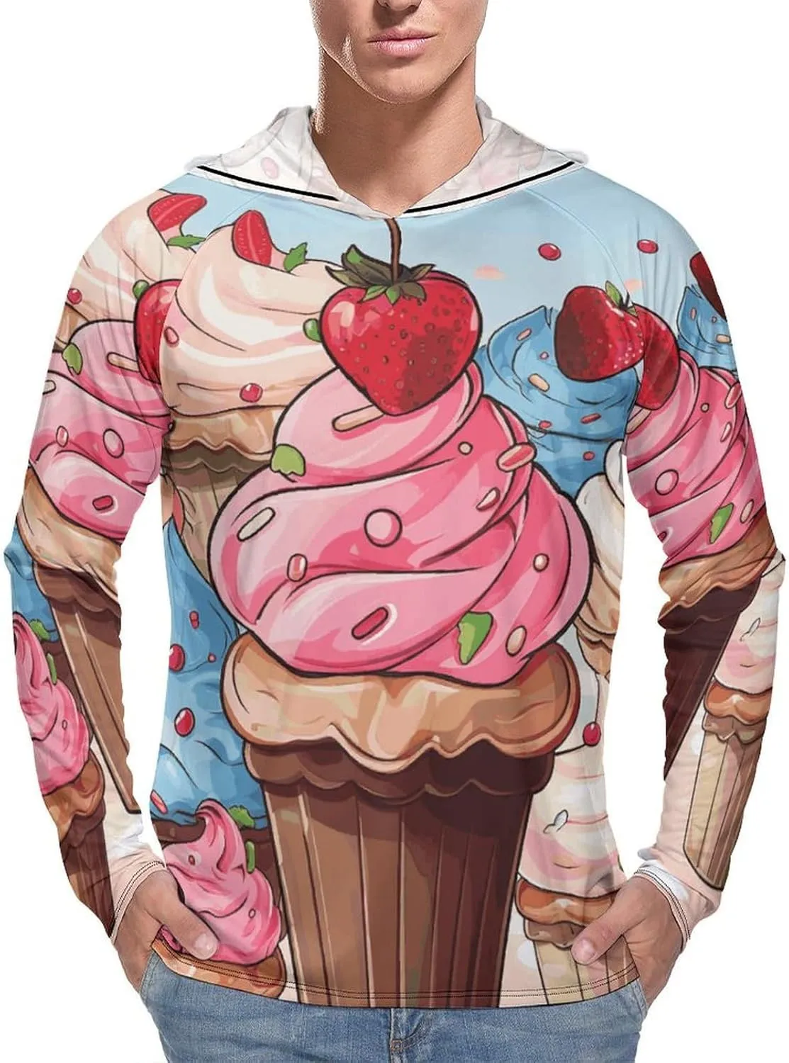Men's UPF 50  Sun Protection Hoodie Outdoor UV Shirts Cupcakes and Ice Cream Long Sleeve Quick Dry Fishing Hiking Shirt