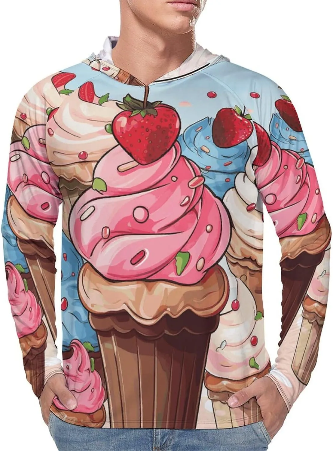 Men's UPF 50  Sun Protection Hoodie Outdoor UV Shirts Cupcakes and Ice Cream Long Sleeve Quick Dry Fishing Hiking Shirt