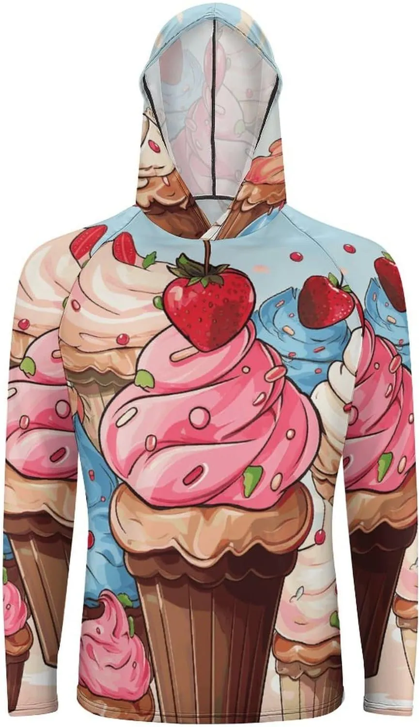 Men's UPF 50  Sun Protection Hoodie Outdoor UV Shirts Cupcakes and Ice Cream Long Sleeve Quick Dry Fishing Hiking Shirt