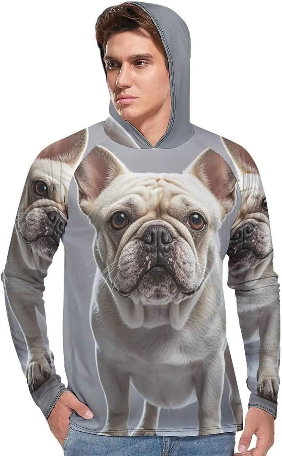 Men's UPF 50  Sun Protection Hoodie Outdoor UV Shirts French Bulldog Long Sleeve Quick Dry Fishing Hiking Shirt