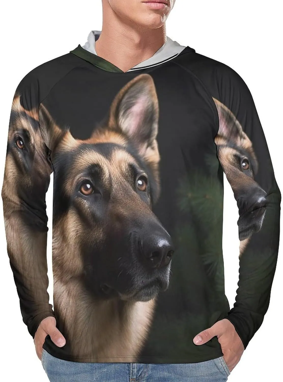 Men's UPF 50  Sun Protection Hoodie Outdoor UV Shirts German Shepherd Long Sleeve Quick Dry Fishing Hiking Shirt