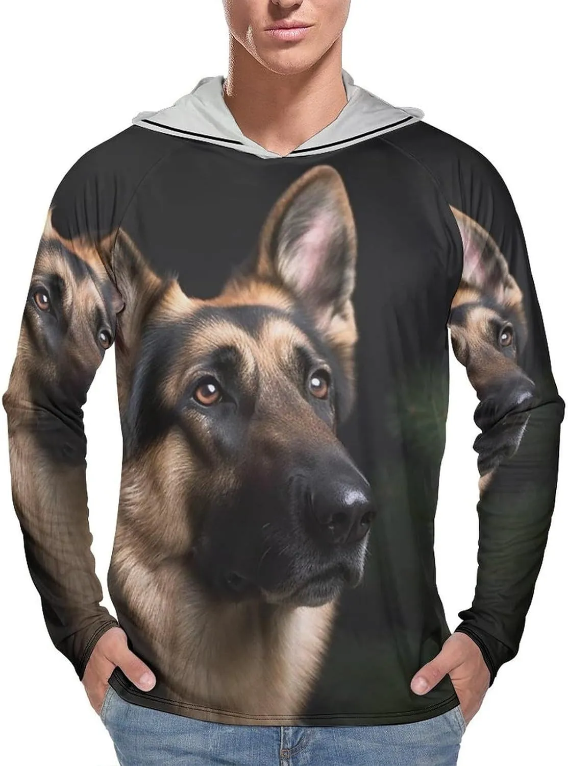 Men's UPF 50  Sun Protection Hoodie Outdoor UV Shirts German Shepherd Long Sleeve Quick Dry Fishing Hiking Shirt