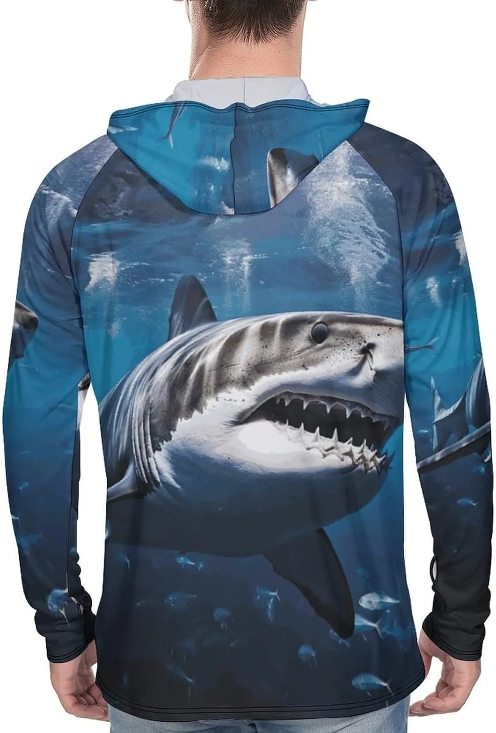Men's UPF 50  Sun Protection Hoodie Outdoor UV Shirts Great White Shark Long Sleeve Quick Dry Fishing Hiking Shirt
