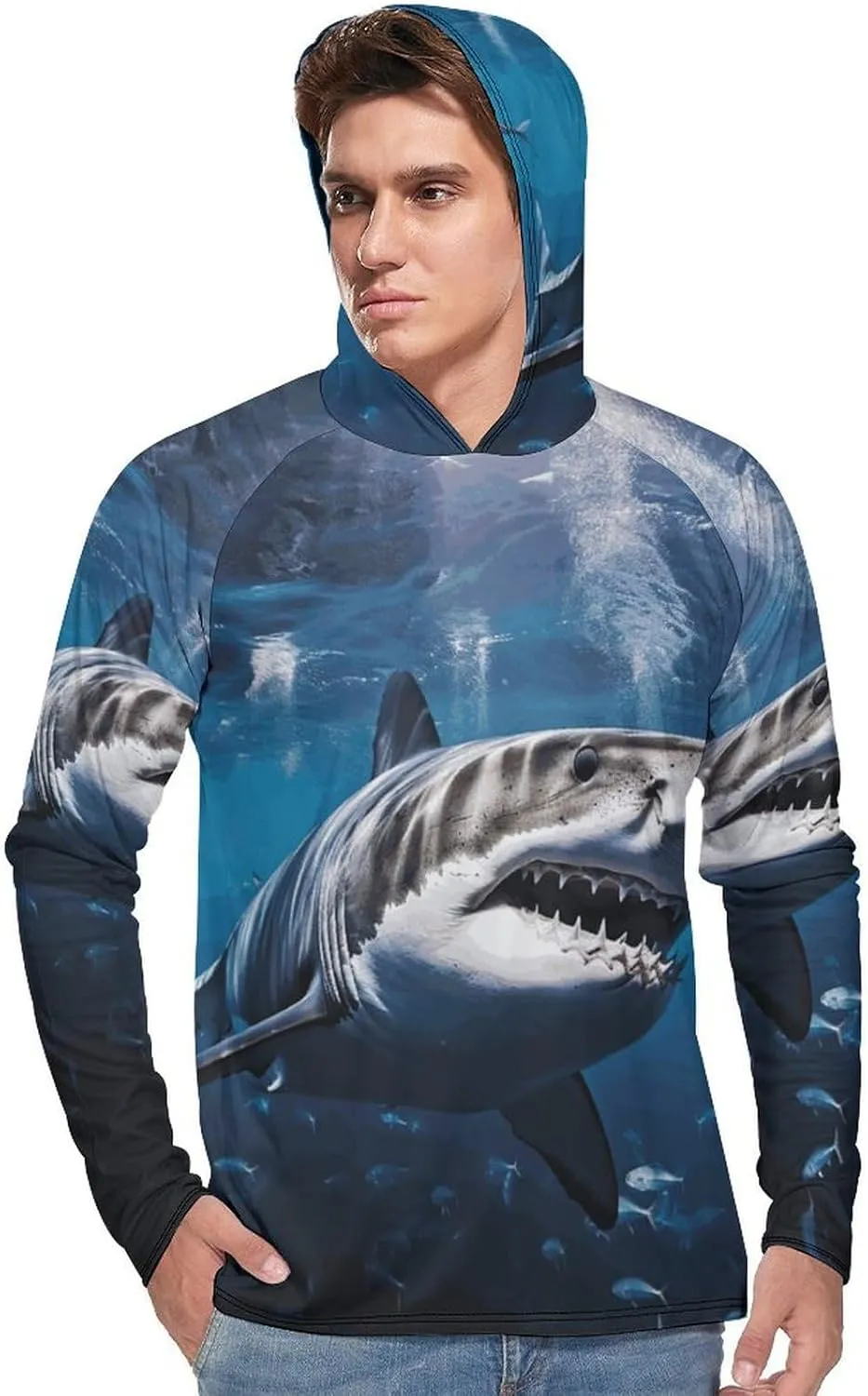 Men's UPF 50  Sun Protection Hoodie Outdoor UV Shirts Great White Shark Long Sleeve Quick Dry Fishing Hiking Shirt