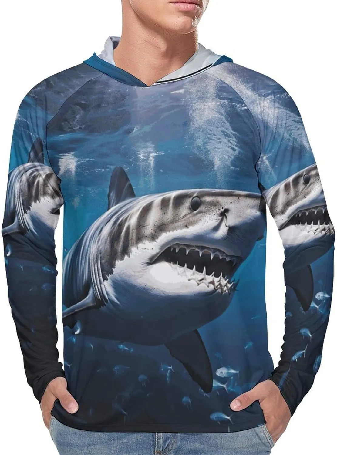 Men's UPF 50  Sun Protection Hoodie Outdoor UV Shirts Great White Shark Long Sleeve Quick Dry Fishing Hiking Shirt