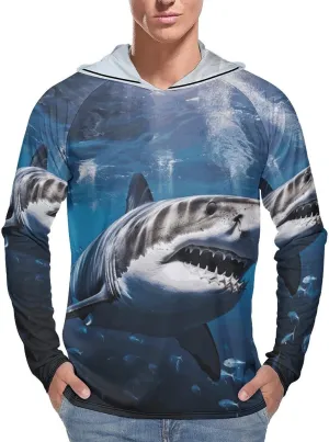 Men's UPF 50  Sun Protection Hoodie Outdoor UV Shirts Great White Shark Long Sleeve Quick Dry Fishing Hiking Shirt