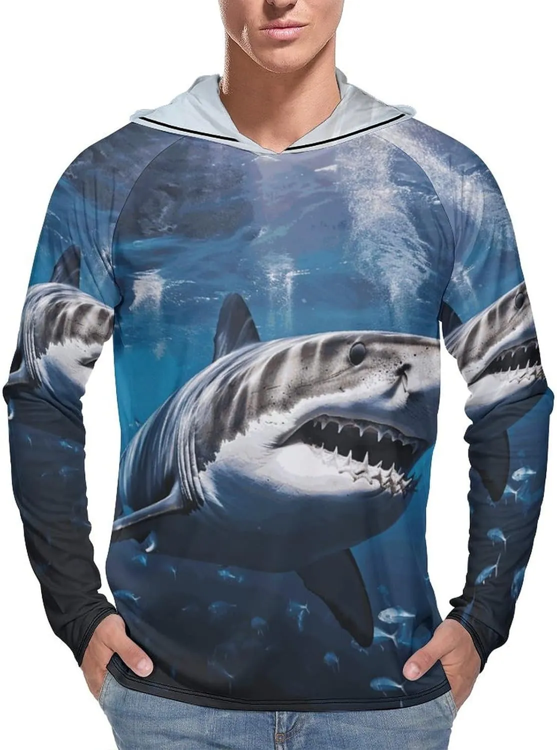 Men's UPF 50  Sun Protection Hoodie Outdoor UV Shirts Great White Shark Long Sleeve Quick Dry Fishing Hiking Shirt