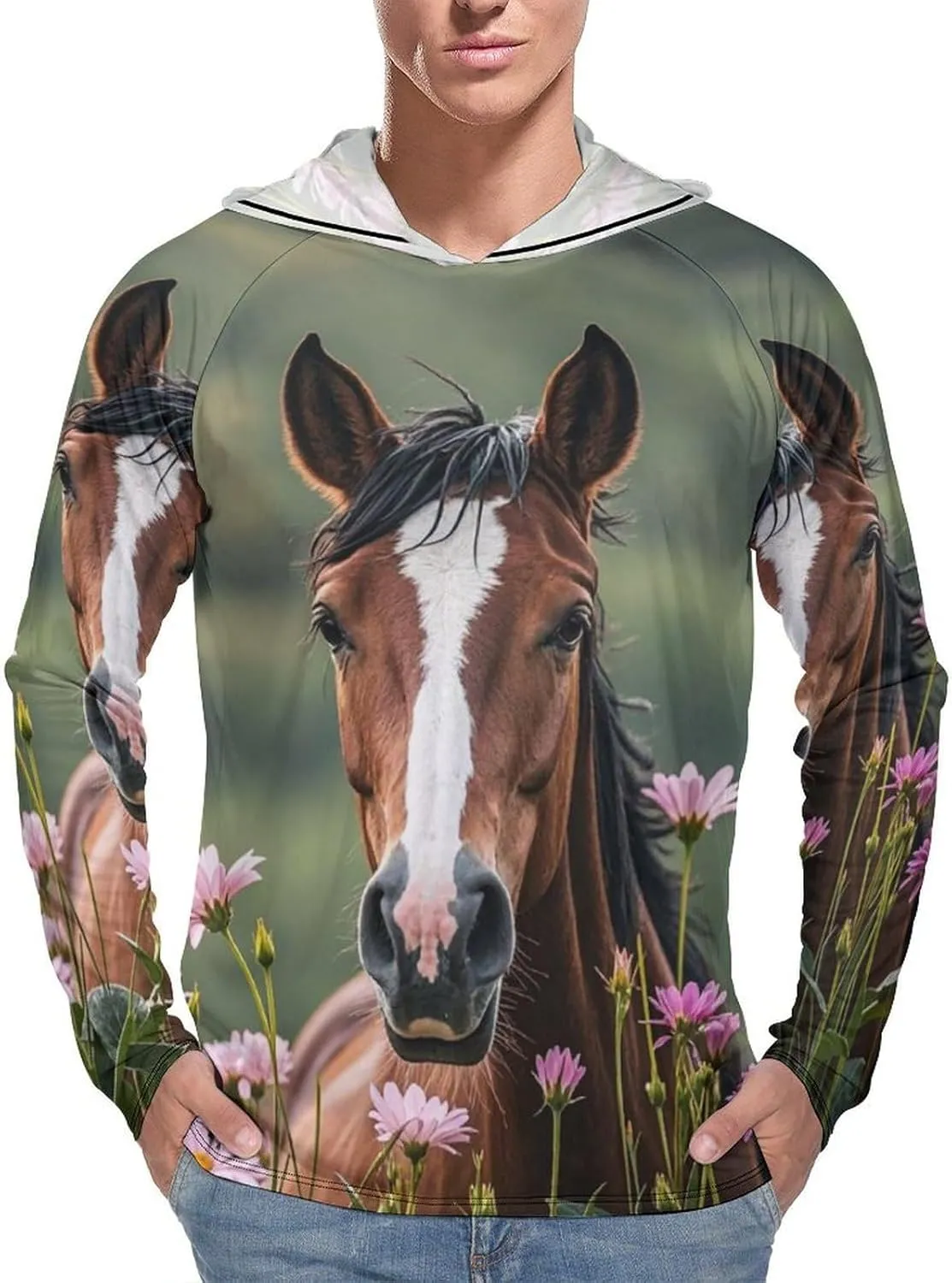 Men's UPF 50  Sun Protection Hoodie Outdoor UV Shirts Horses and Flowers Long Sleeve Quick Dry Fishing Hiking Shirt
