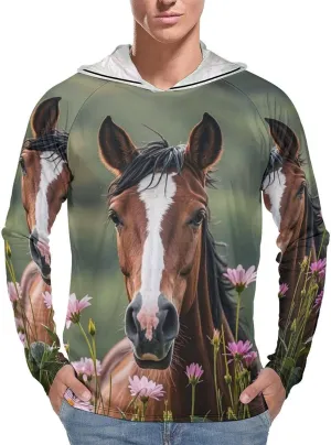 Men's UPF 50  Sun Protection Hoodie Outdoor UV Shirts Horses and Flowers Long Sleeve Quick Dry Fishing Hiking Shirt