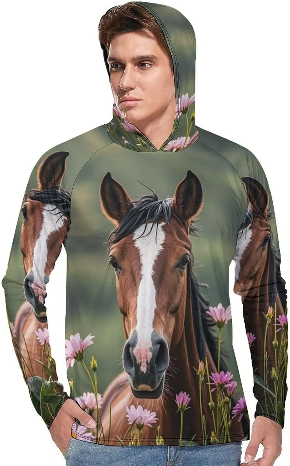 Men's UPF 50  Sun Protection Hoodie Outdoor UV Shirts Horses and Flowers Long Sleeve Quick Dry Fishing Hiking Shirt