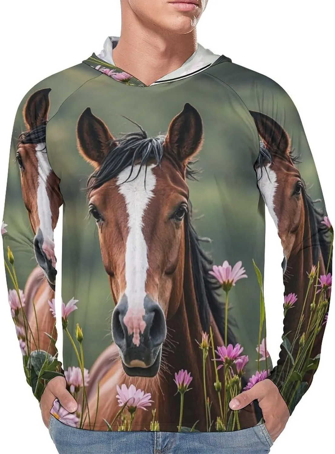 Men's UPF 50  Sun Protection Hoodie Outdoor UV Shirts Horses and Flowers Long Sleeve Quick Dry Fishing Hiking Shirt