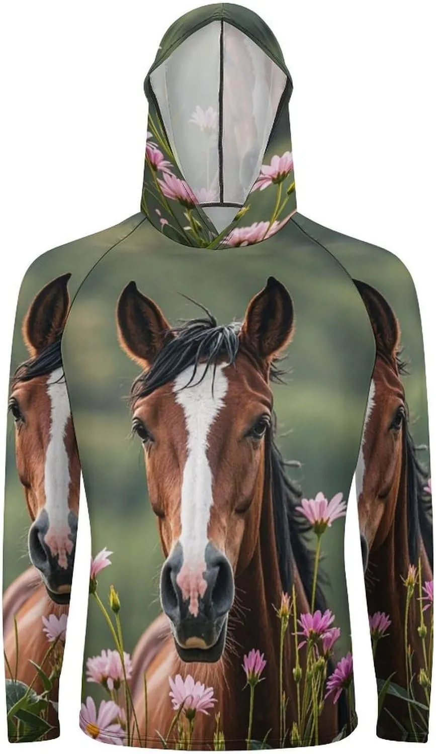 Men's UPF 50  Sun Protection Hoodie Outdoor UV Shirts Horses and Flowers Long Sleeve Quick Dry Fishing Hiking Shirt