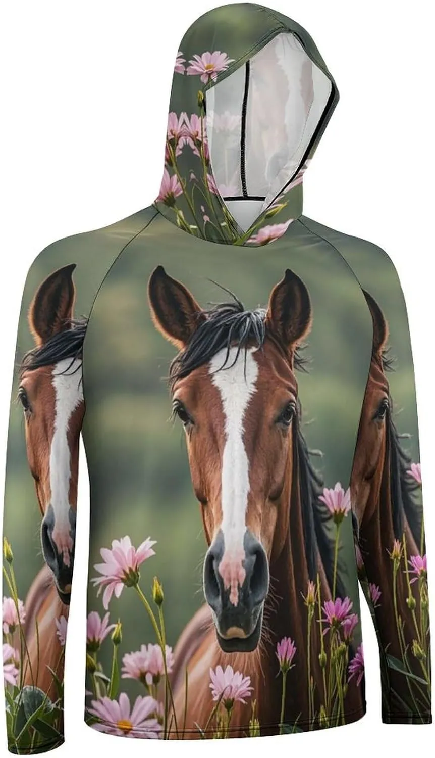 Men's UPF 50  Sun Protection Hoodie Outdoor UV Shirts Horses and Flowers Long Sleeve Quick Dry Fishing Hiking Shirt