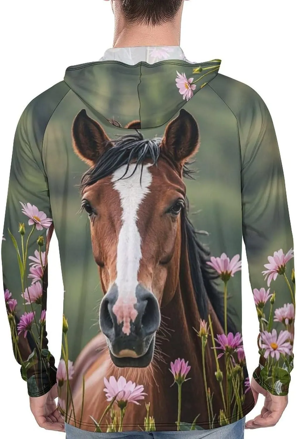 Men's UPF 50  Sun Protection Hoodie Outdoor UV Shirts Horses and Flowers Long Sleeve Quick Dry Fishing Hiking Shirt