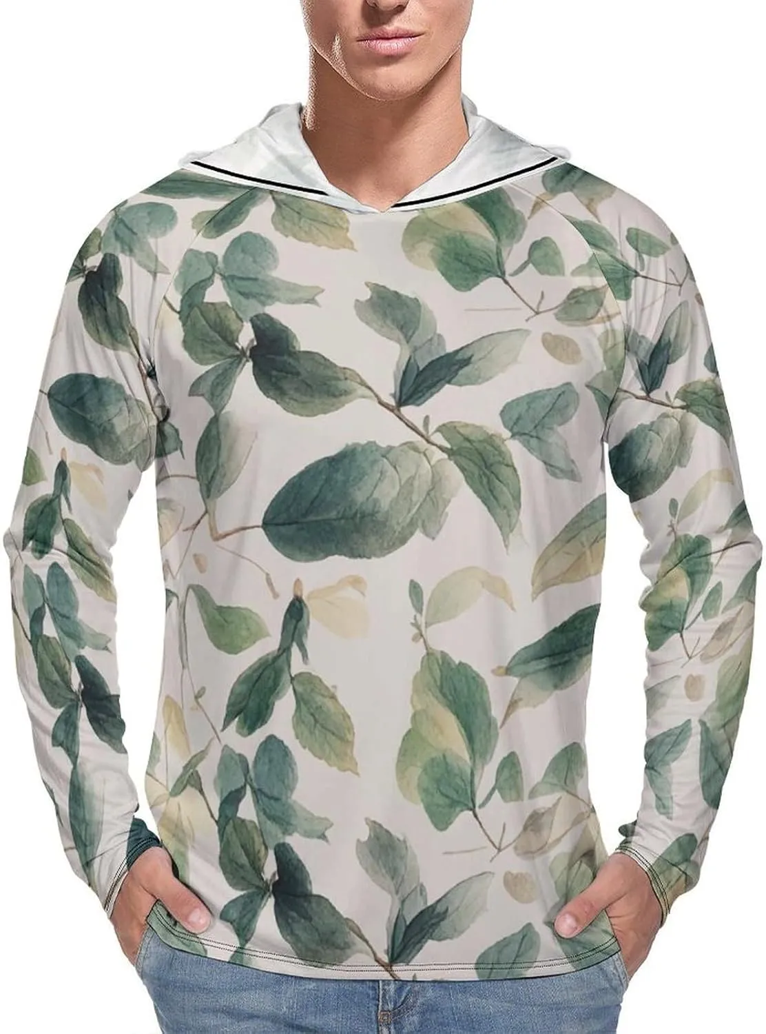 Men's UPF 50  Sun Protection Hoodie Outdoor UV Shirts Sage Green Eucalyptus Leaves Long Sleeve Quick Dry Fishing Hiking Shirt