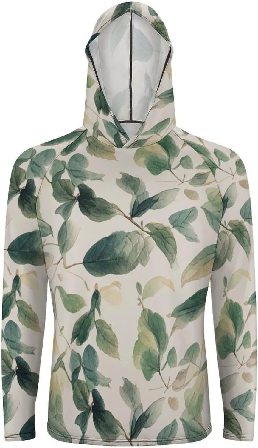 Men's UPF 50  Sun Protection Hoodie Outdoor UV Shirts Sage Green Eucalyptus Leaves Long Sleeve Quick Dry Fishing Hiking Shirt