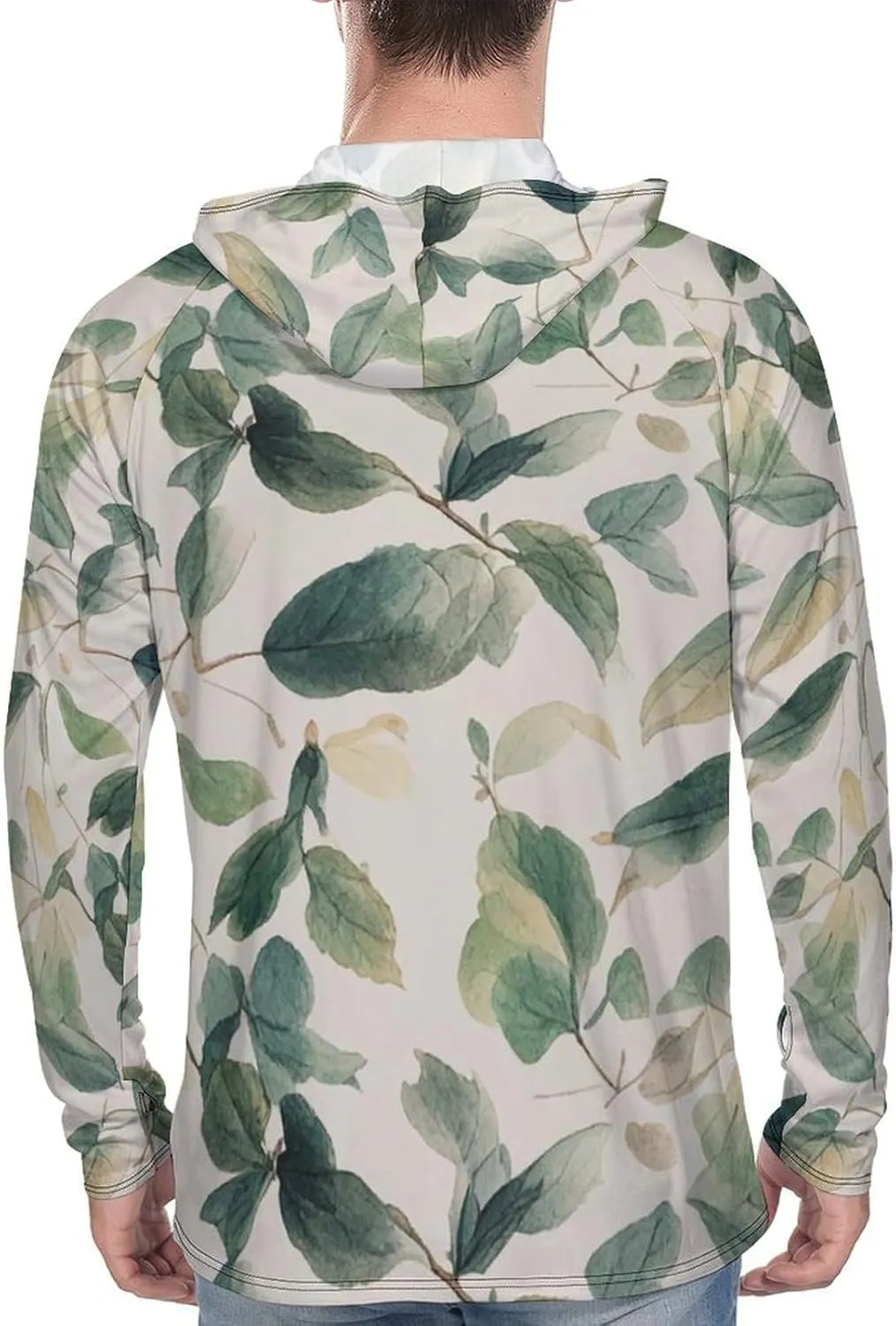 Men's UPF 50  Sun Protection Hoodie Outdoor UV Shirts Sage Green Eucalyptus Leaves Long Sleeve Quick Dry Fishing Hiking Shirt