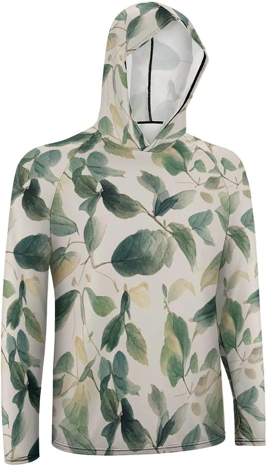 Men's UPF 50  Sun Protection Hoodie Outdoor UV Shirts Sage Green Eucalyptus Leaves Long Sleeve Quick Dry Fishing Hiking Shirt