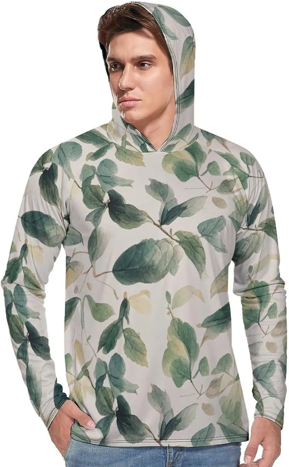 Men's UPF 50  Sun Protection Hoodie Outdoor UV Shirts Sage Green Eucalyptus Leaves Long Sleeve Quick Dry Fishing Hiking Shirt