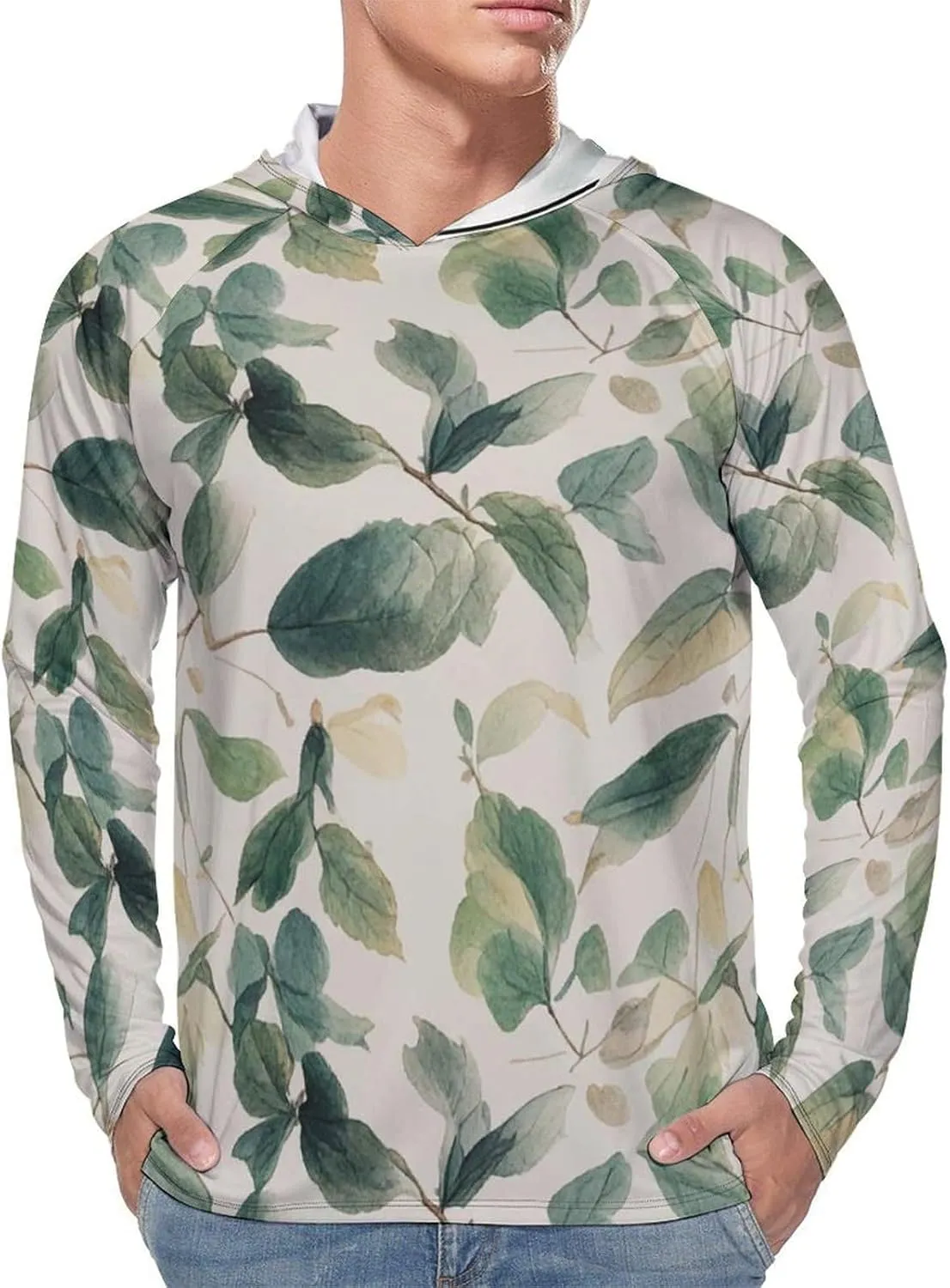 Men's UPF 50  Sun Protection Hoodie Outdoor UV Shirts Sage Green Eucalyptus Leaves Long Sleeve Quick Dry Fishing Hiking Shirt
