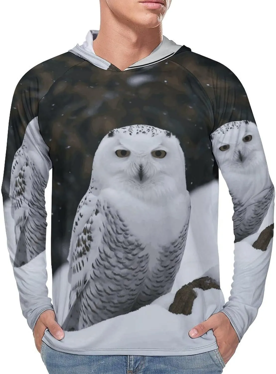 Men's UPF 50  Sun Protection Hoodie Outdoor UV Shirts Snow Owl Long Sleeve Quick Dry Fishing Hiking Shirt