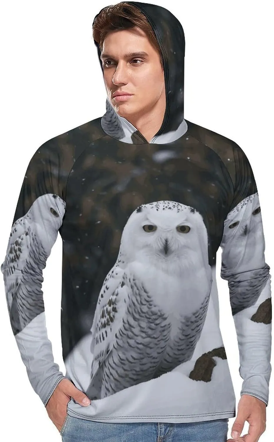 Men's UPF 50  Sun Protection Hoodie Outdoor UV Shirts Snow Owl Long Sleeve Quick Dry Fishing Hiking Shirt