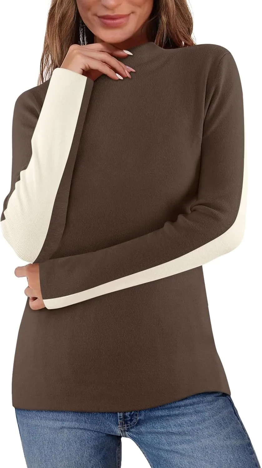 MEROKEETY Women's 2025 Fall Mock Neck Lightweight Pullover Sweater Fitted Ribbed Long Sleeve Color Block Knit Tee Shirt Tops