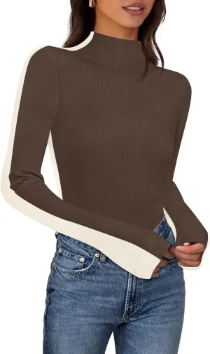 MEROKEETY Women's 2025 Fall Mock Neck Lightweight Pullover Sweater Fitted Ribbed Long Sleeve Color Block Knit Tee Shirt Tops