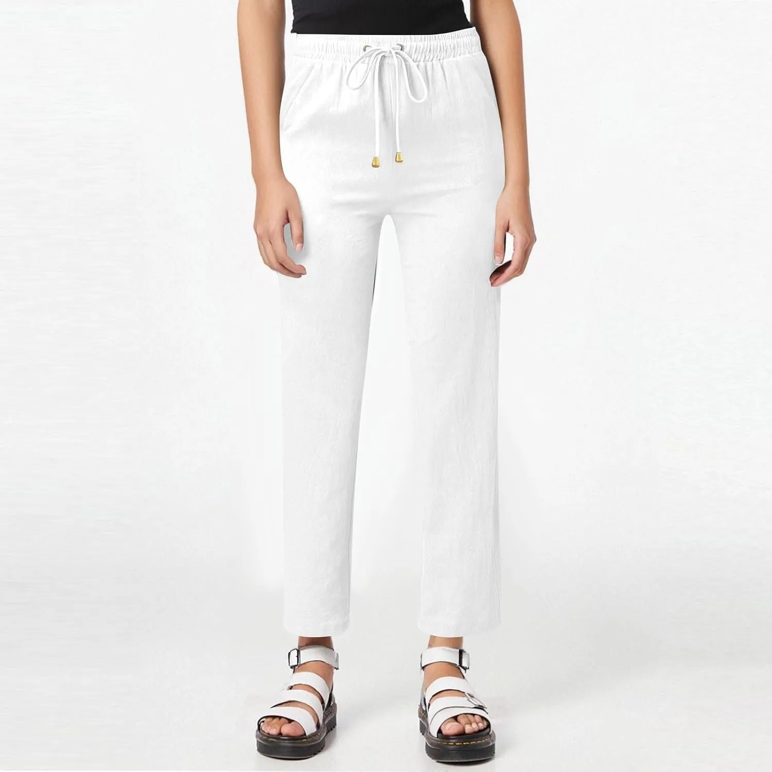 midelxp Straight Leg Linen Pants Women Comfy Loose Fitting Drawstring Pants with Pockets Casual High Waisted Trousers Pants