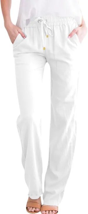 midelxp Straight Leg Linen Pants Women Comfy Loose Fitting Drawstring Pants with Pockets Casual High Waisted Trousers Pants