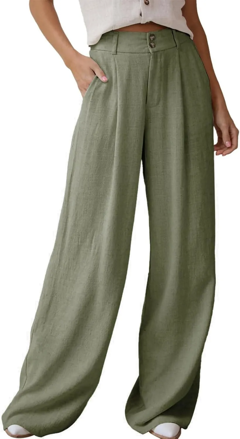 Miyaomn Linen Pants for Women High Waisted Casual Loose Wide Leg Palazzo Pants Summer Travel Beach Dress Trousers with Pocket