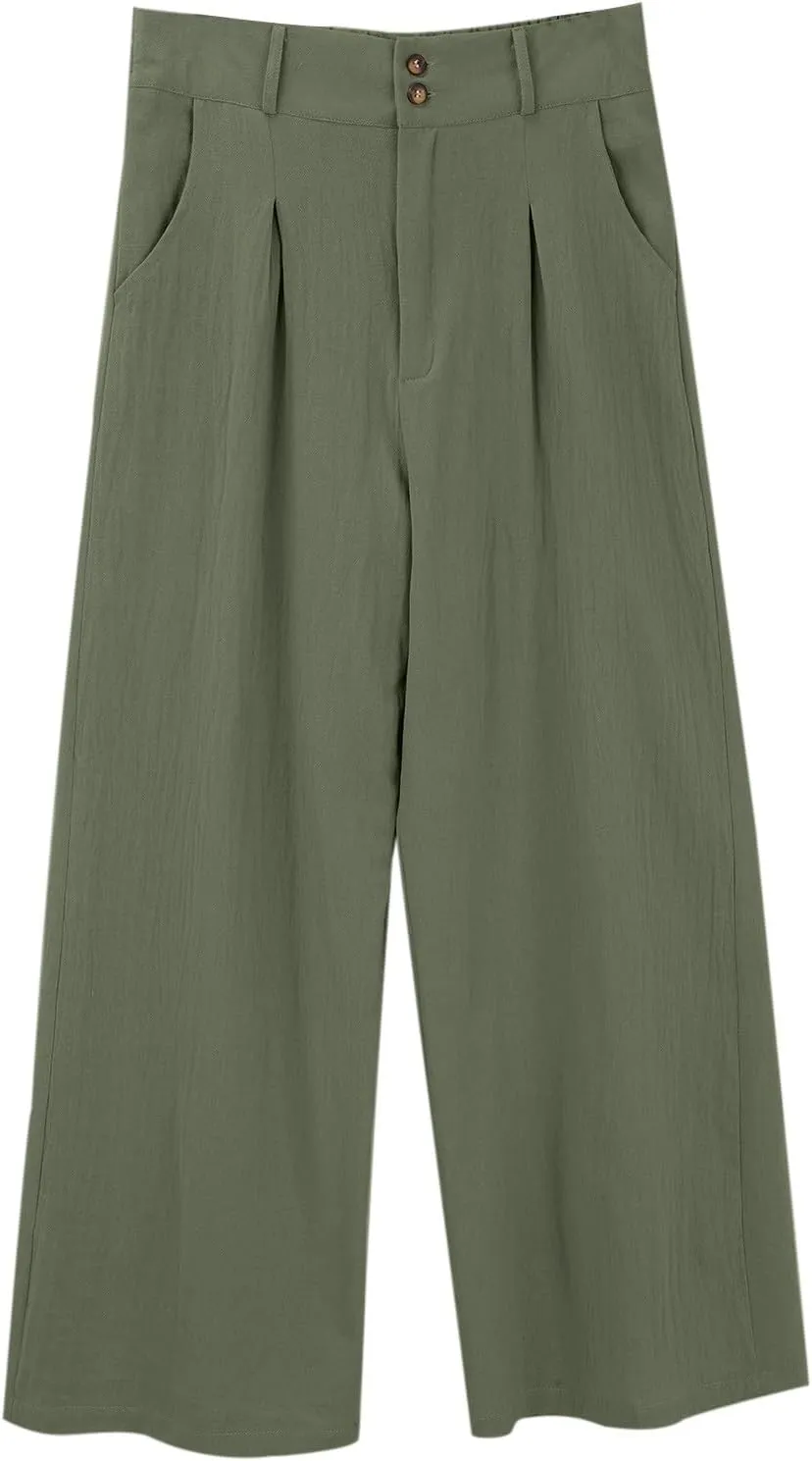 Miyaomn Linen Pants for Women High Waisted Casual Loose Wide Leg Palazzo Pants Summer Travel Beach Dress Trousers with Pocket