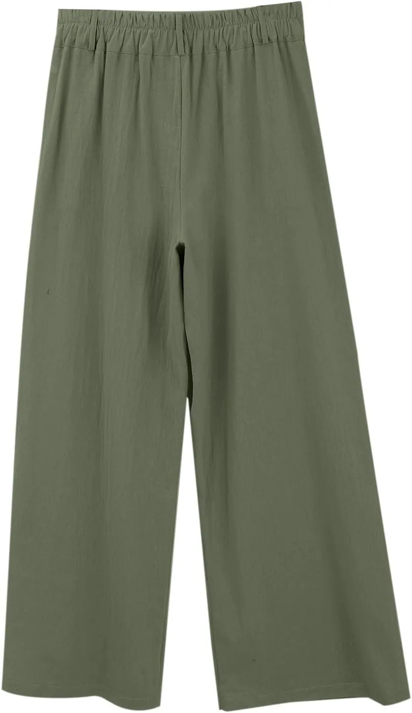 Miyaomn Linen Pants for Women High Waisted Casual Loose Wide Leg Palazzo Pants Summer Travel Beach Dress Trousers with Pocket
