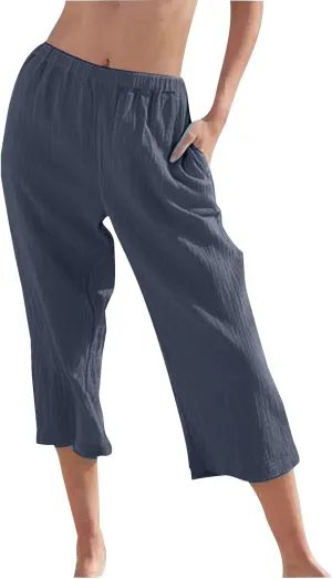 Miyaomn Women's Casual Summer Linen Capris High Waisted Wide Leg Cropped Lounge Pants Lightweight Beach Trousers with Pockets