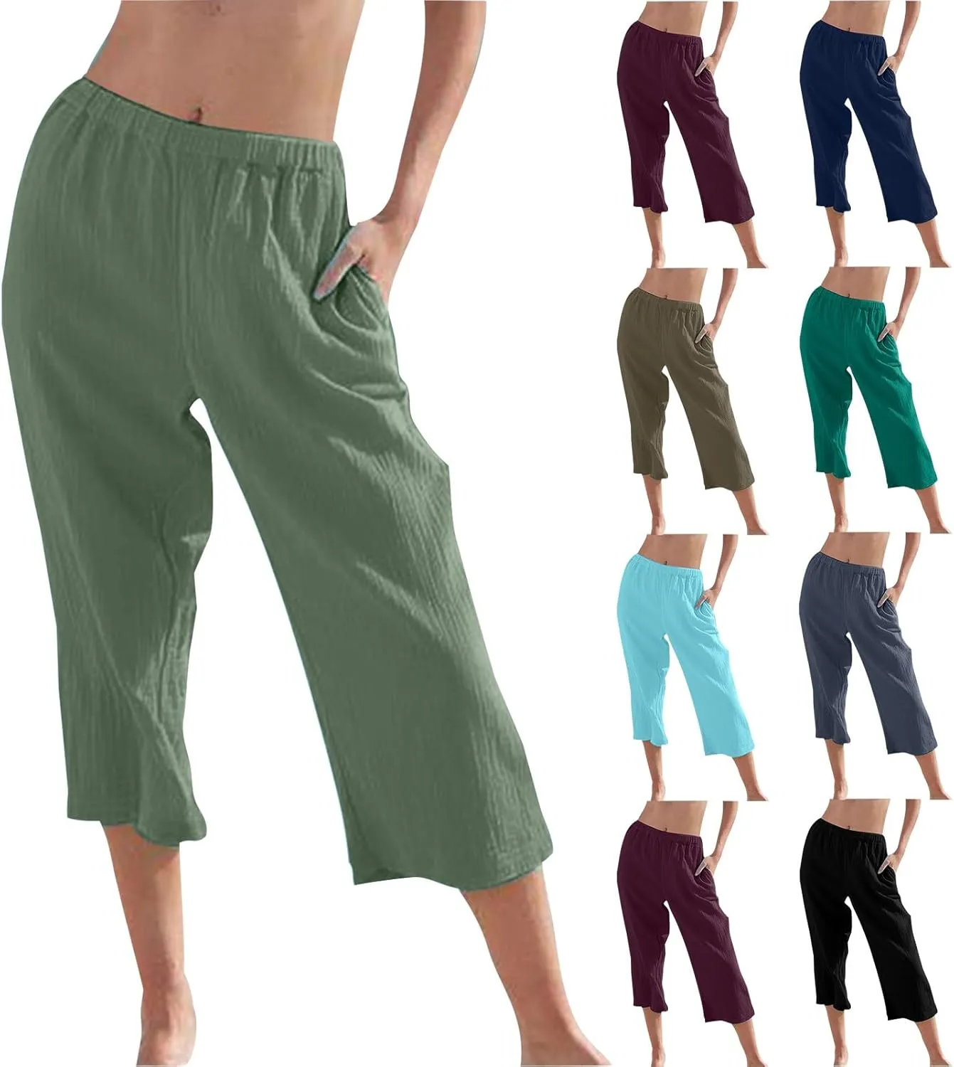 Miyaomn Women's Casual Summer Linen Capris High Waisted Wide Leg Cropped Lounge Pants Lightweight Beach Trousers with Pockets