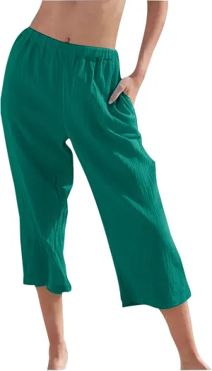 Miyaomn Women's Casual Summer Linen Capris High Waisted Wide Leg Cropped Lounge Pants Lightweight Beach Trousers with Pockets