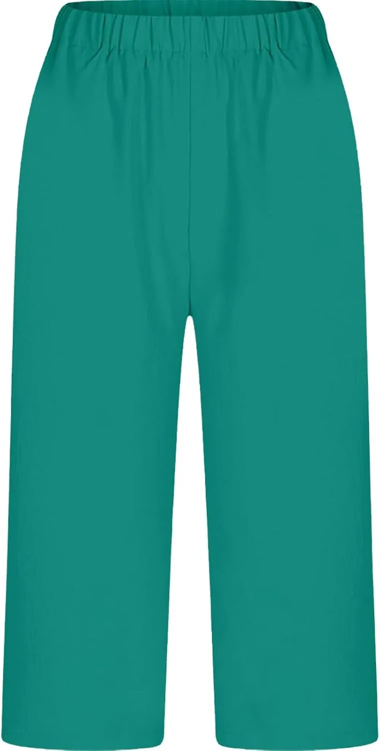 Miyaomn Women's Casual Summer Linen Capris High Waisted Wide Leg Cropped Lounge Pants Lightweight Beach Trousers with Pockets