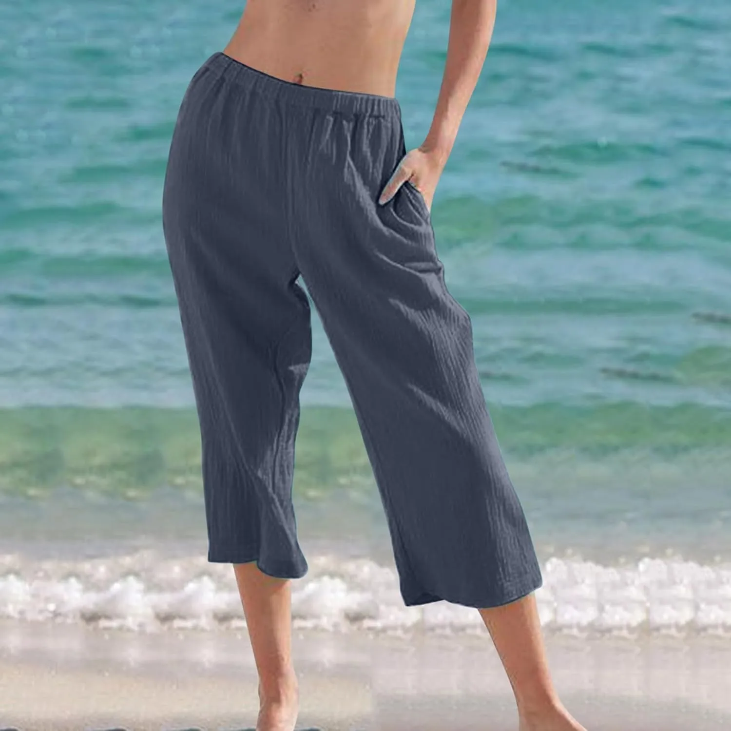 Miyaomn Women's Casual Summer Linen Capris High Waisted Wide Leg Cropped Lounge Pants Lightweight Beach Trousers with Pockets