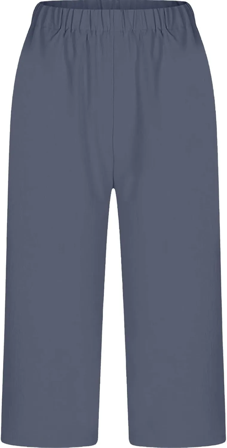Miyaomn Women's Casual Summer Linen Capris High Waisted Wide Leg Cropped Lounge Pants Lightweight Beach Trousers with Pockets