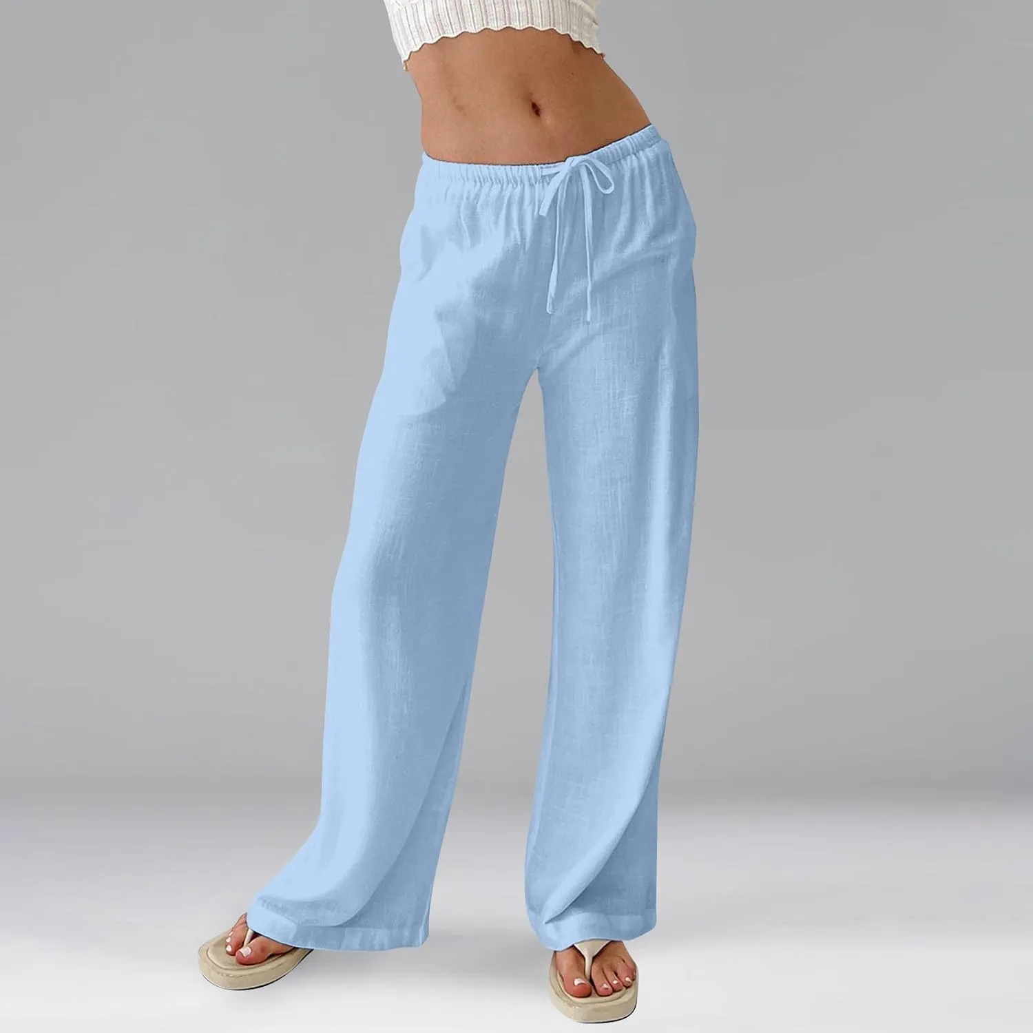 Miyaomn Women's Linen Pants for Summer High Waisted Drawstring Wide Leg Palazzo Pants Casual Boho Beach Trousers with Pockets