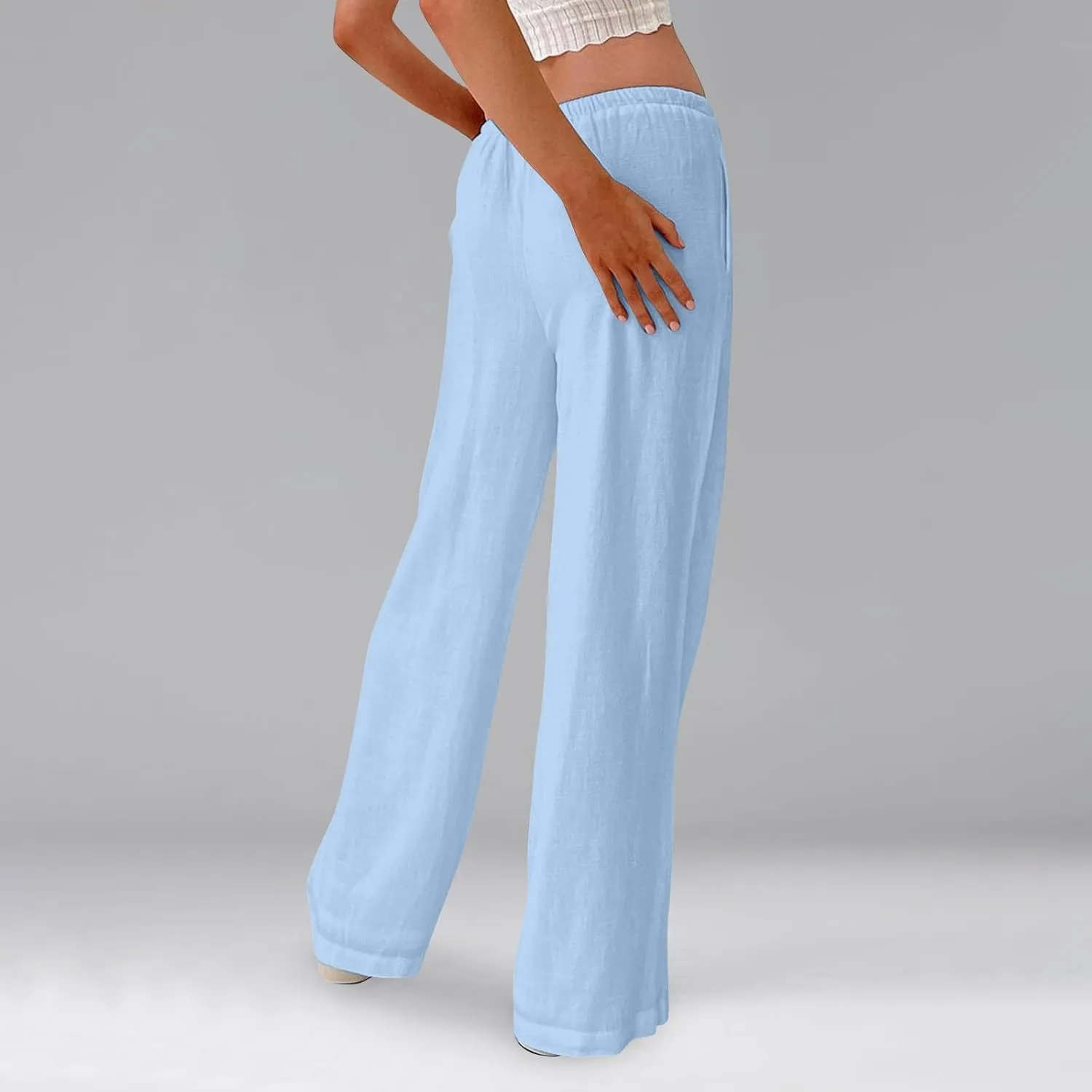 Miyaomn Women's Linen Pants for Summer High Waisted Drawstring Wide Leg Palazzo Pants Casual Boho Beach Trousers with Pockets