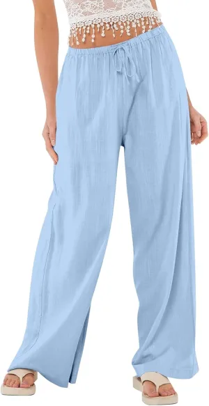 Miyaomn Women's Linen Pants for Summer High Waisted Drawstring Wide Leg Palazzo Pants Casual Boho Beach Trousers with Pockets